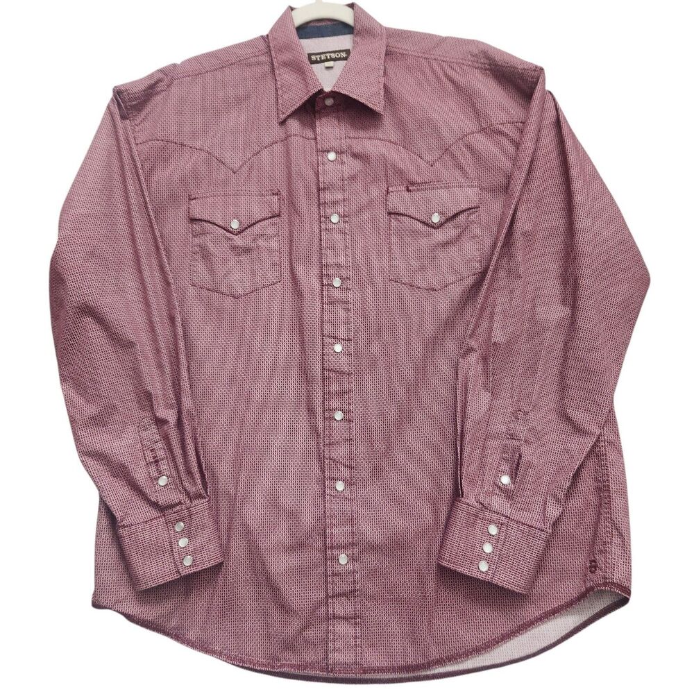 Stetson XL Western Shirt Burgundy Geo Print Logo Pearl Snap Cowboy Rodeo Rancher